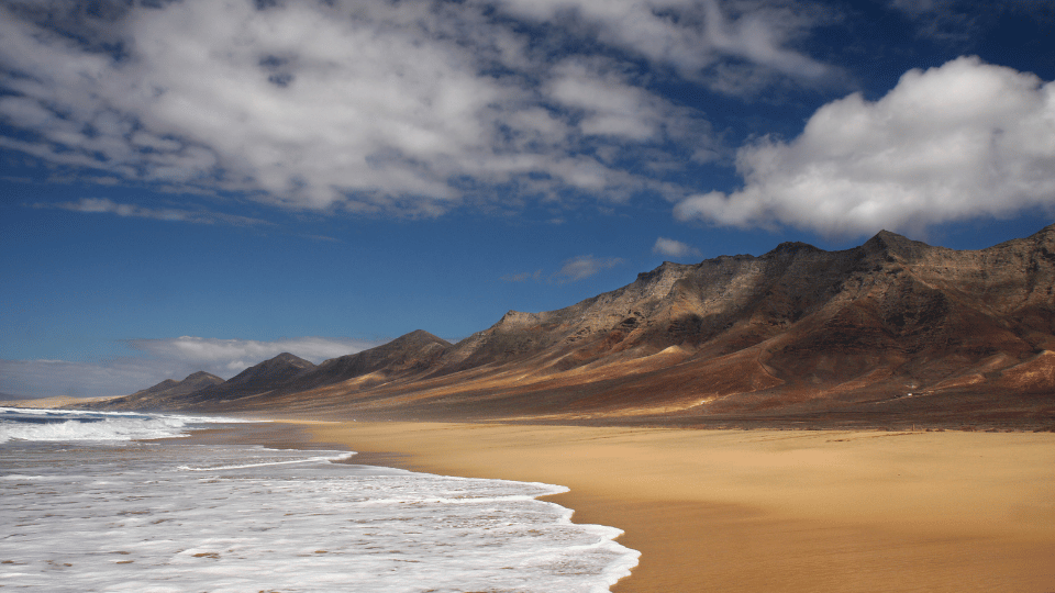 Aerial view of Fuerteventura beach with turquoise ocean and golden sand